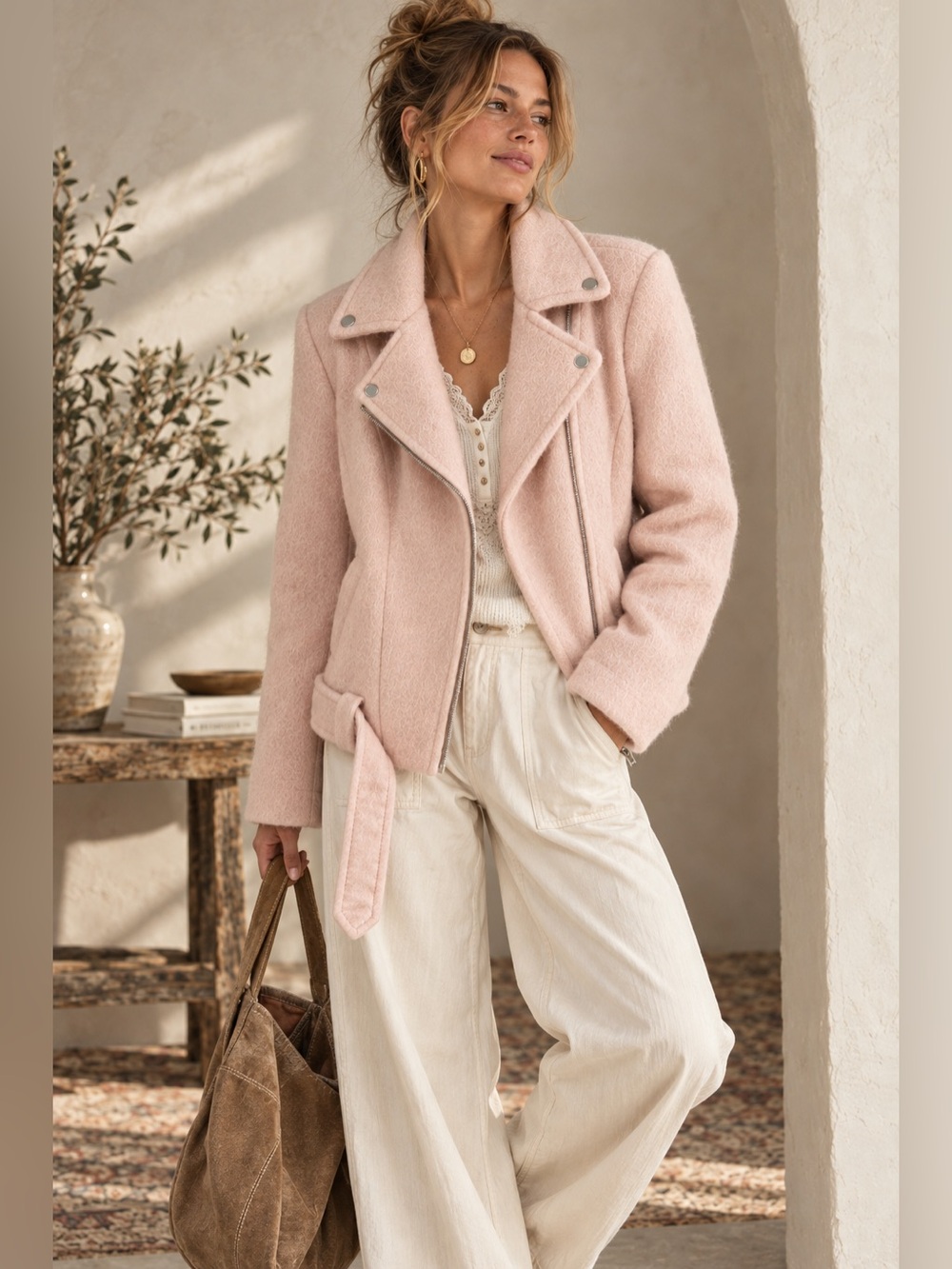Express Blush Pink Wool Blend Moto Jacket Belted Biker Coat XS NWT